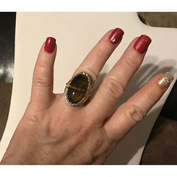 Gorgeous 30 Carat Genuine African Tiger Eye Gemstone Filigree Ring Sz 8 - Picture 5 of 5